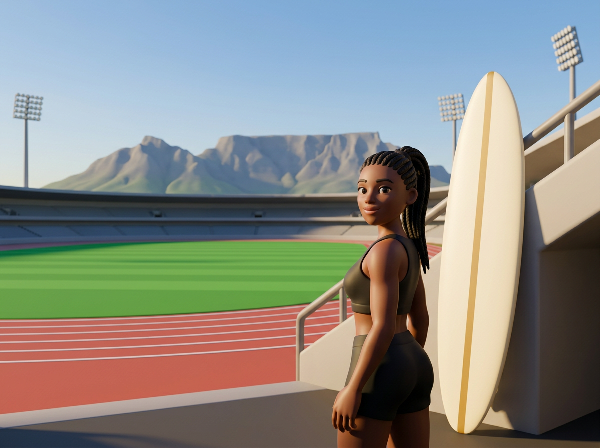 A 3D cartoon athlete beside a surfboard in a stadium overlooking Table Mountain